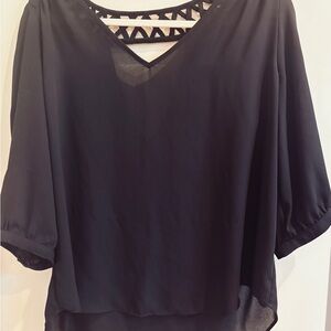 BCX Black V-Neck Blouse with Geometric Back Detail